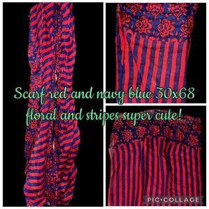 Scarf 30x68 red and navy blue stripes and flowers super cute scarf lightweight